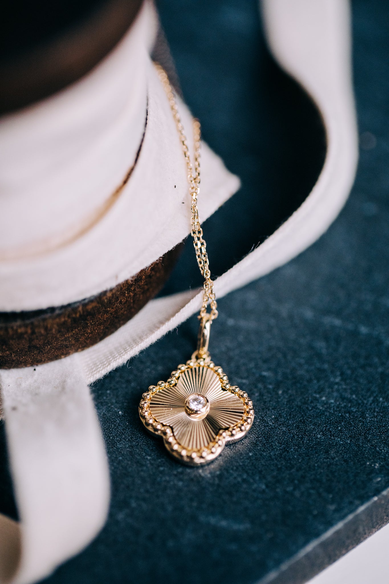 Fluted Gold Clover Pendant with Diamonds